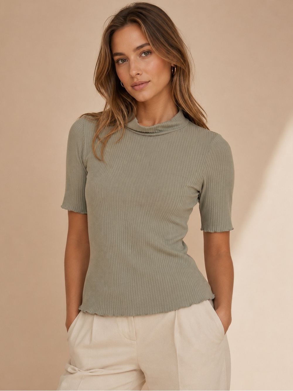 Rachel Zoe Ribbed Mock Neck Top Size S | Sage Green Stretch Knit Quiet Luxury